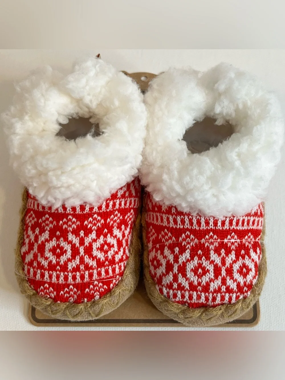 BearPaw Red Fair Isle Sherpa-Trim Baby Slippers